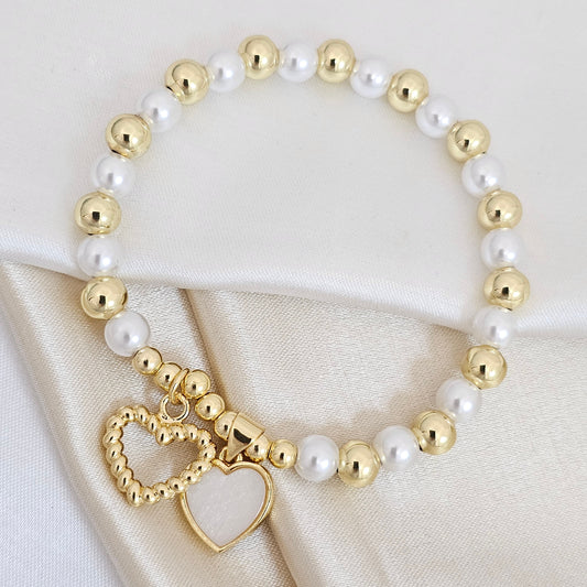 PULSERA FLEXIBLE BALINES Y PERLAS DIJE CORAZONES DORADO RF K4760