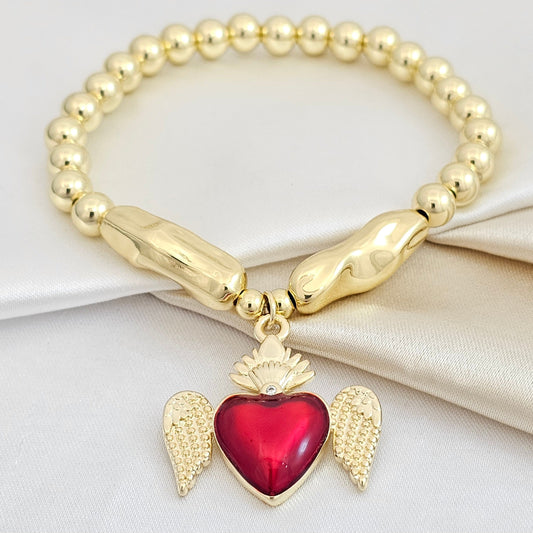 PULSERA BALINES CON DIJE CORAZON ROJO Y ALAS DORADO RF K4954