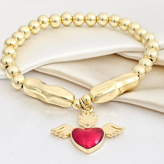 PULSERA BALINES DIJE MINI CORAZON ROJO ALAS DORADO RF K4955