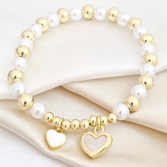 PULSERA BALINES Y PERLAS N6 DOS CORAZONES DORADO RF K4959