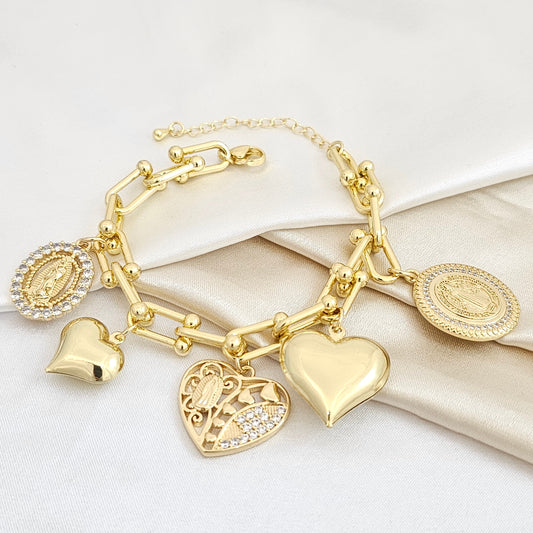 PULSERA CORAZON CON VIRGEN Y SAN BENITO CIRCONES DORADO RF K4965